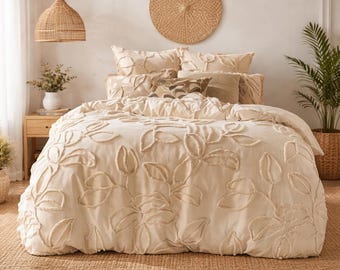 3 Piece Tufted Cotton Duvet Cover Set, Natural Bedding With Pillowcases
