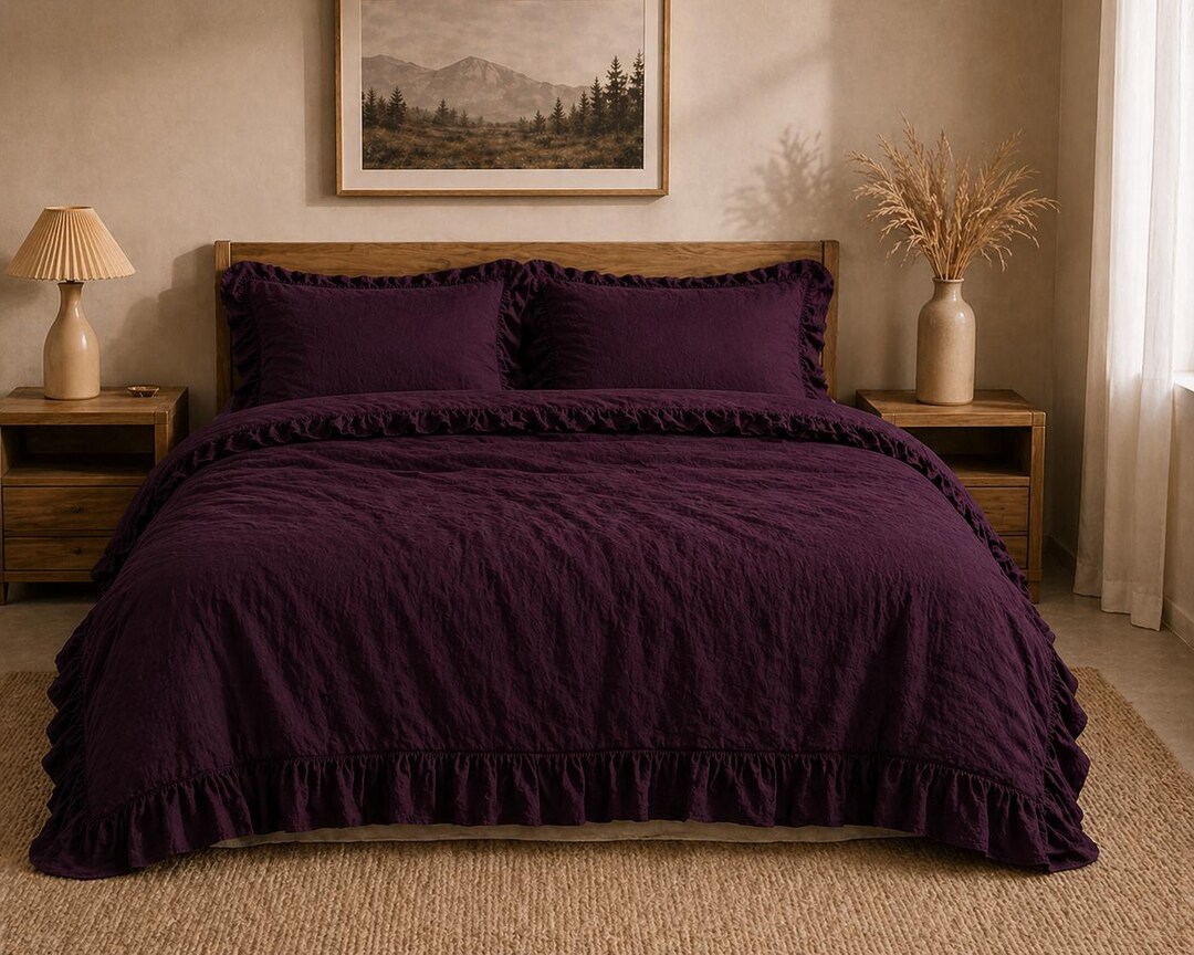 Dark Purple Ruffle Linen Duvet Cover Set – Farmhouse Bedding, Stone ...
