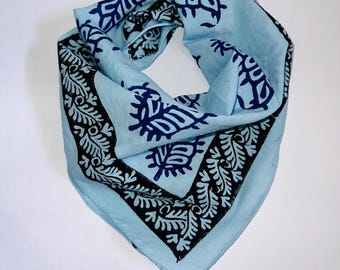 Hand Block Printed Cotton Bandana – Blue Floral Head Scarf