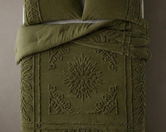 Moss Green 3 Piece Boho Tufted Bedding King/Queen/Twin Size Cotton Duvet Cover Set, Quilt Comforter Cover With Pillowcases