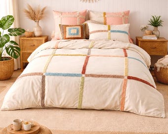 Boho Tufting Comforter Set, White, Ivory Tufted Bedding with Colorful Grid Pattern, Farmhouse Duvet Cover Set
