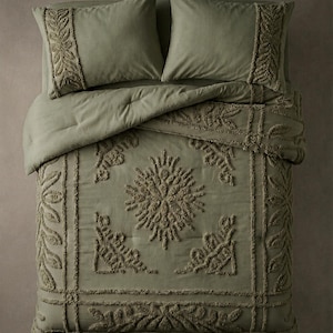 Olive Green Boho Tufted Bedding Twin/Full/Queen/Single/Double Sizes Cotton Duvet Cover Set, Quilt Comforter Cover With Pillowcases