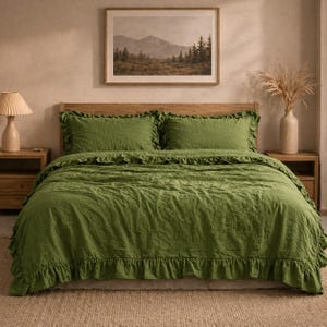 Moss Green Linen Ruffle Duvet Cover Set, Soft Washed Linen Bedding with Boho Farmhouse Comforter Cover, Natural Rustic Bedding Set