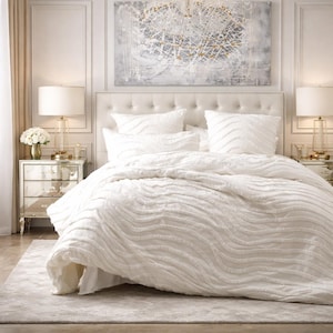White Tufted Comforter Set, Boho Natural Bedding Twin Full, Farmhouse Duvet Cover Set & Pillowcase