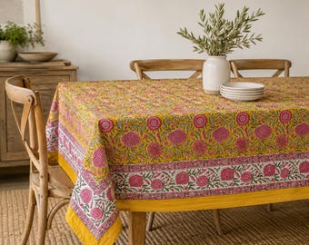 Hand Block Printed Tablecloth, Rectangular Indian Cotton Dining Table Cover, Boho Floral Farmhouse Table Linen for Wedding