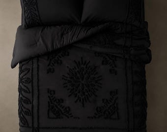 3 Piece Boho Tufted Black Bedding King/Queen/Twin Size Cotton Duvet Cover Set, Quilt Comforter Cover With Pillowcases