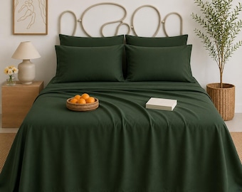 Juego de sábanas de lino 100% verde Enerald - 1 sábana encimera + 1 sábana bajera + 2 fundas de almohada, sábana de lino