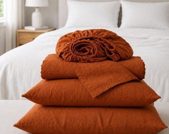 100% French Linen Bedding Sheets Set 4 Pieces (1 Fitted Sheet 1 Flat Sheet 2 Pillowcases) - Soft Breathable & Washed Linen Bed Sheets