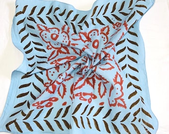 Hand Block Printed Cotton Bandana: Sky Blue Boho Floral Scarf