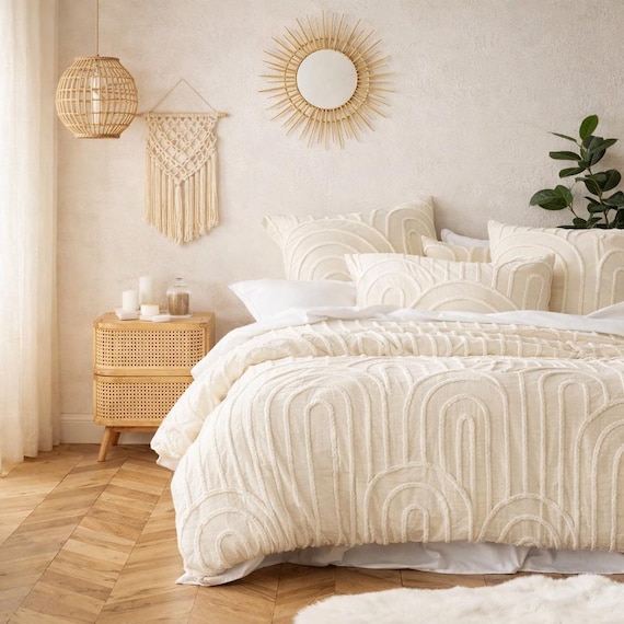 Boho Tufted Cotton Duvet Cover Set, White Ivory Quilt with Pillowcases