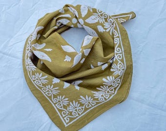 Olive Green Hand Block Printed Floral Bandana – Boho Cotton Headscarf / Neck Scarf