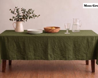 100% Linen Tablecloth. Washed soft linen tablecloth. Dark Moss Green stonewashed linen custom size tablecloth. Natural dining tablecloth