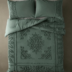 Conjunto de cama boho capitonê verde-floresta de 3 peças, tamanhos king/queen/solteiro, em algodão, com capa de edredom e fronhas.