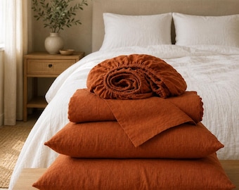 100% French Linen Bedding Sheets Set 4 Pieces (1 Fitted Sheet 1 Flat Sheet 2 Pillowcases) - Soft Breathable & Washed Linen Bed Sheets