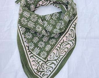 Hand Block Printed Cotton Bandana | Floral Leaf Head Scarf