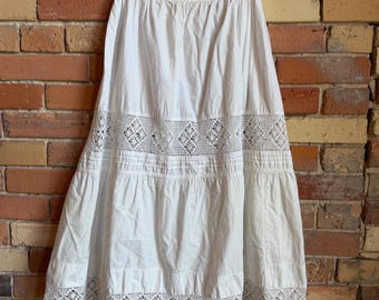 Antique Cotton Petticoat Skirt: Edwardian Pintucks, Crochet Trim, 26" Waist
