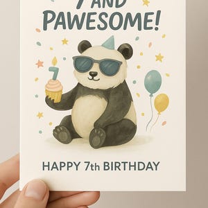 Cartão de aniversário de 7 anos para impressão – Design de panda legal – Cartão de felicitações fofo para menino ou menina • Download instantâneo – PNG – Em branco por dentro