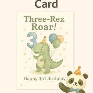 Carte d'anniversaire dinosaure pour 3e anniversaire – imprimable Three-Rex Roar T-Rex Party salutation pour garçons ou filles, téléchargement immédiat, design mignon dinosaure vert