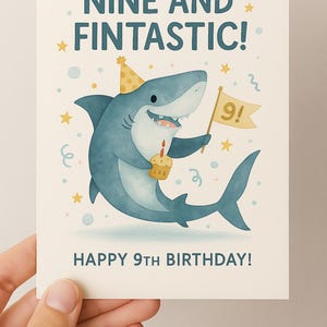 Cartão de aniversário de 9 anos para impressão para crianças • Cartão de aniversário de tubarão legal • Download instantâneo • Tema do oceano • Cartão de animal fofo • Menino ou menina