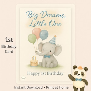 Carte d'anniversaire imprimable pour le 1er anniversaire de l'éléphant - aquarelle de voeux de bébé animal, un minimum d'encre, non sexiste, téléchargement immédiat pour les enfants