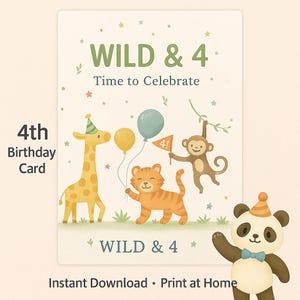 Carte d'anniversaire imprimable pour 4e anniversaire de la jungle, fête des animaux amusante, téléchargement immédiat, singe girafe tigre mignon, PNG vierge à l'intérieur