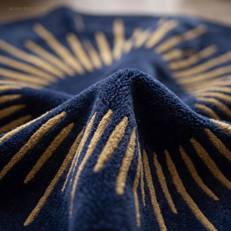 Fabric Rustic Rug Hand-tufted Wool Round Sunburst Rug in Midnight Blue & Gold, Modern ...