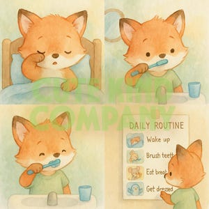 Franklin Fox Mi rutina matutina – Tabla imprimible (PNG HD) + Página para colorear (Tabla Montessori para niños pequeños) Horario visual preescolar en PDF de 2 a 5 años
