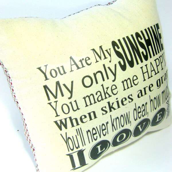 You Are My Sunshine Pillow, Home Decor, Nursery Rhyme, Kids Room, Song, Tweed, Slip Cover, Writing, Under 20, 14X14, Square, Cute, For Her