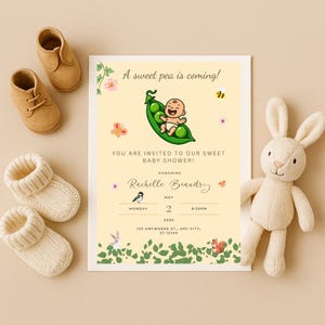 Editable Funny Baby Shower Invitation Template – &quot;A Sweet Pea Is Coming!&quot; – Instant Download – Customizable Canva Template