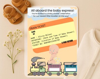 Funny Baby Shower Invitation Template: All Aboard Baby Express (Canva Editable, Instant Download 5x7")