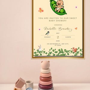 Bewerkbare sjabloon voor grappige babyshoweruitnodiging: "Er komt een mooie erwt aan!" – Direct downloaden – Aanpasbare canva-sjabloon