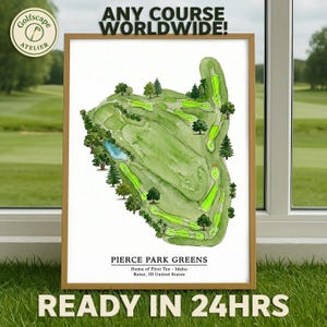 Mapa de golf en acuarela, regalo para papá, ilustración personalizada de un campo de golf, regalo para él, regalo para amantes del golf / Campo de golf internacional LPGA