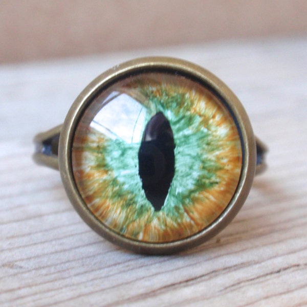 Green and Orange Evil Eye Ring, Cat eye, Dragon eye, monster eye, brass adjustable ring