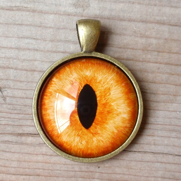 Orange Evil Eye Pendant, Cat Eye, Dragon Eye, Antiqued Brass, Necklace, Jewelry