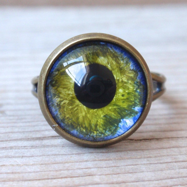 Blue and Green Evil Eye Ring, Round Pupil, Bird eye, monster eye, brass adjustable ring