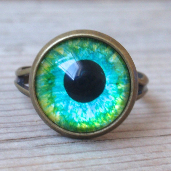 Yellow and Blue Evil Eye Ring, Round Pupil, Bird eye, monster eye, brass adjustable ring