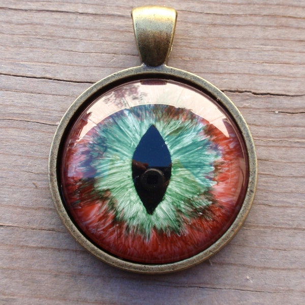 Red and Dark Green Evil Eye Pendant, Cat Eye, Dragon Eye, Antiqued Brass, Necklace, Jewelry