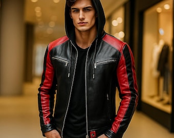 Men’s Red and Black Hooded Leather Jacket | Biker Gothic Cosplay Style | Handmade Leather Jacket