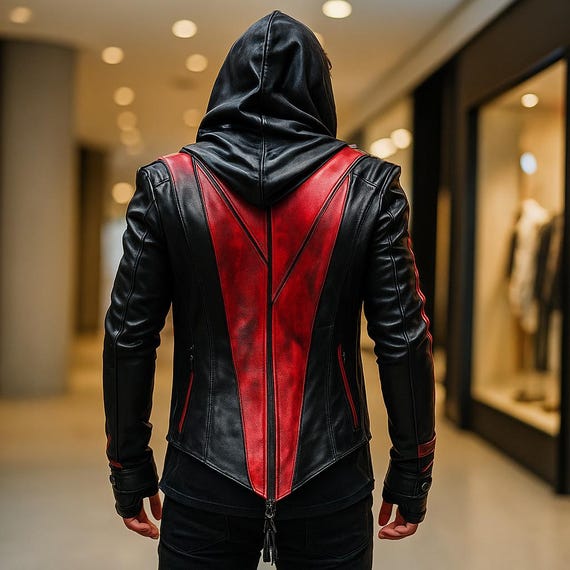 Men's Red and Black Hooded Leather Jacket | Biker Gothic Cosplay