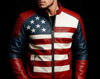Giacca in pelle con bandiera USA fatta a mano - Vera pelle di mucca / Giacca da motociclista patriottica per uomo e donna / Abito per il 4 luglio / Personalizzabile