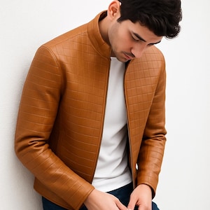 Men's Real Leather Jacket Quilted Grid Pattern Biker Coat Stylish Slim Fit Moto Jacket Designer Brown Leather Outerwear Fall Winter Fashion