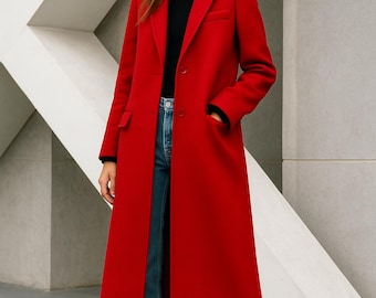 Lange wollen jas dames – 100% wollen A-lijn midi-winterjas, handgemaakte damesjas, warme jas met riem, designer bovenkleding | Handgemaakt