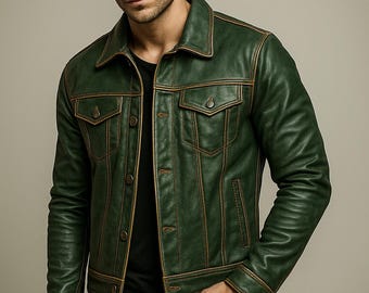 Vintage Style Trucker Jacket | Handmade New Real Lambskin Leather Coat Slim Fit Retro Look Leather Jacket | Real Leather Jacket Jacket Green