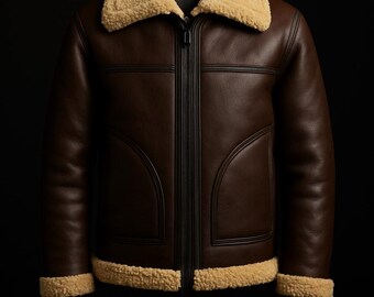 Men's Brown B3 RAF Flight Bomber Aviator Real Sheepskin Shearling Leather Jacket Handmade
