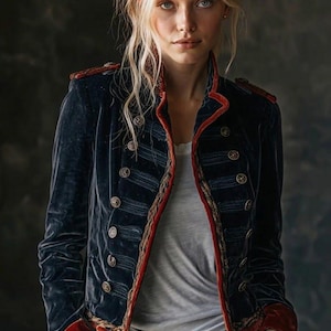 Puede incluir: Chaqueta de terciopelo azul marino con ribete de terciopelo rojo y botones dorados. La chaqueta tiene un cuello alto y un ribete dorado decorativo a lo largo de los bordes. Las mangas tienen puños de terciopelo rojo. La chaqueta se usa sobre una camiseta blanca y jeans.