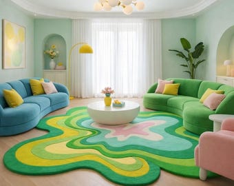Tapis ondulé Mid-Century, tapis vert et rose de forme irrégulière pour le salon