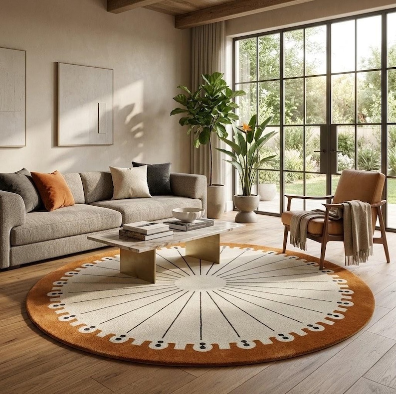 Handmade Round Wool Rug, Sunburst Geometric Area Rug, Modern Boho ...