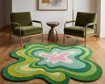 Mid Century Wavy Rug, Green and Pink Irregular Shape Rug For Living Room