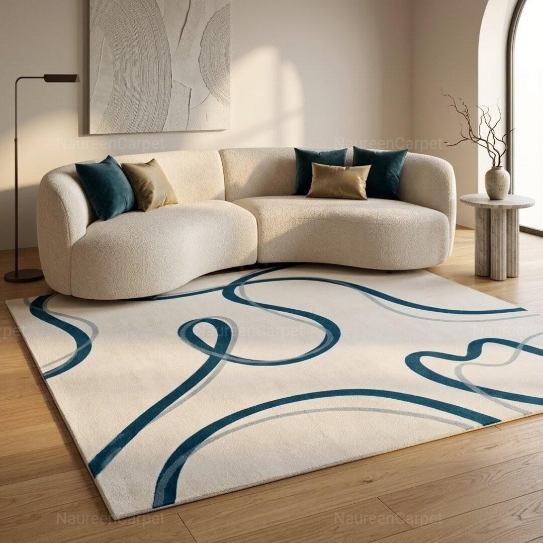 Hand-tufted Wool Rug, Abstract Wavy Lines, Blue Cream Modern Area Rug ...