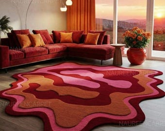 Mid Century Hand-Tufted Irregular Wool Rug, Abstract Wavy Design